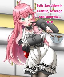1girls 2d 2d_(artwork) aivy_lovencraft alaplateada big_breasts blush breasts chocolate collarbone curvy curvy_body curvy_female curvy_figure female female_only green_eyes indie_virtual_youtuber kitchen latam_virtual_youtuber light-skinned_female light_skin long_hair maid maid_outfit maid_uniform monocle pink_hair spanish spanish_dialogue spanish_text thick_thighs thighs tongue tongue_out valentine's_day virtual_youtuber vtuber vtuberfanart young younger_female