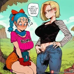 1futa 1girls ? ai_assisted ai_generated android android_18 anime anime_style balls bangs big_ass big_breasts blonde_hair blue_eyes blue_hair blush bob_cut braided_hair breasts bulge bulma bulma_(dragon_ball) bulma_briefs clothed clothing comic comic_page confused curvaceous curvaceous_body curvaceous_female curvaceous_figure cyborg dialogue dickgirl dragon_ball dragon_ball_super dragon_ball_z female fit_female fringe futa_on_female futa_sans_pussy futa_with_female futanari girly hand_on_hip high_resolution highres horny imminent_fellatio intersex jeans kneeling large_breasts manga manga_page medium_ass medium_breasts medium_penis muscular outdoors pants patreon penis penis_under_clothes self_upload sexy shiny shirt sigabelle skirt sky speech_bubble stable_diffusion text text_bubble thighs undressing unzipped voluptuous voluptuous_female waifu waifu_diffusion