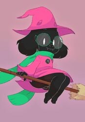 anthro ass balls black_fur bovid broom deltarune glasses goat hat male male_only naked partially_clothed paws pink_dress ralsei smile therita3k witch