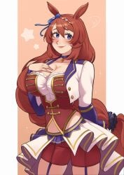 1girls animal_ears blue_bow blue_choker blue_eyes blush bodice bow braid breasts brown_hair choker cleavage closed_mouth collarbone corset cropped_jacket deliciousbra deliciousbrain ear_bow female female_only garter_straps hair_between_eyes highres horse_ears horse_girl horse_tail jacket large_breasts long_hair long_sleeves looking_at_viewer makeup midriff multicolored_hair official_alternate_costume overskirt pendant_choker pink_lips purple_choker purple_garter_straps red_corset red_shorts shirt shorts skirt smile solo star_(symbol) starting_future_(umamusume) streaked_hair super_creek_(umamusume) tail tail_scrunchie umamusume very_long_hair white_hair white_jacket white_shirt white_skirt wristband