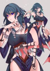 alternate_costume ancient_greek_clothes armlet black_dress blue_eyes blue_hair breasts byleth_(fire_emblem) byleth_(fire_emblem)_(female) choker_jewel cleavage closed_mouth dancer dancer_(fire_emblem:_three_houses) dress emotionless expressionless female female_byleth_(fire_emblem) female_only fire_emblem fire_emblem:_three_houses gem greco-roman_clothes hair_between_eyes highres jewelry large_breasts long_hair mokichi_xx nintendo open_mouth pelvic_curtain red_gemstone simple_background single-shoulder_dress thighs