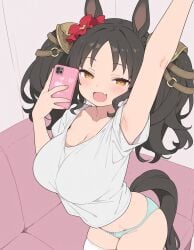 amber_eyes armpits artist_request black_hair breasts hair_ornament huge_breasts marvelous_sunday_(umamusume) selfie shorts shortstack smile smug symbol-shaped_pupils teeth_showing umamusume umamusume_pretty_derby white_shirt
