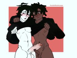 2boys big_penis black_hair black_wojak dark-skinned_male dark_skin doomer_boy erection foreskin gay hoodie light-skinned_male peelintheorange penis_size_difference rt60 small_penis wojak_comics yaoi