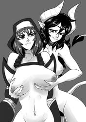 black_and_white bushy_pubes choker dark_hair demon demon_girl horns mokimolewds sharp_fingernails short_hair tail warrior