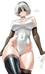 alternate_costume artist_name ass bare_shoulders black_blindfold black_choker black_gloves black_hairband black_thighhighs blindfold blush breasts choker cleavage closed_mouth commentary_request covered_navel curvy elbow_gloves female female_only from_below gloves grey_hair hairband highleg highleg_one-piece_swimsuit highres huge_ass igiroitsu large_breasts leotard mole mole_under_mouth nier:_automata nier_(series) one-piece_swimsuit shiny_skin short_hair simple_background solo swimsuit thick_thighs thighhighs thighs thong_leotard white_background white_one-piece_swimsuit wide_hips yorha_2b