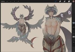 1girls angel_wings artemis_(devil_may_cry) average_breasts black_hair breasts breasts_out capcom corruption covered_pussy crown demon demon_girl demon_horns demon_wings devil_may_cry devil_may_cry_5 feathers female female_focus female_only functionally_nude functionally_nude_female hands_covering_pussy heterochromia kourrr lady_(devil_may_cry) medium_breasts mermaid mermaid_tail multiple_views navel nipples nude nude_female pink_nipples scales scar scar_on_face short_hair shoulder_pads shoulder_tuft solo solo_female solo_focus topless topless_female transformation wings