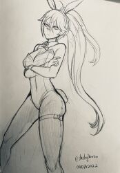 1girls ahoge annoyed_expression bandaid bandaid_on_face black_and_white bowtie bunny_ears bunny_tail bunnysuit danganronpa danganronpa:_despair_time fanganronpa female female_only only_female pantyhose ponytail pouting sketch solo solo_female tawaki_teruko tie traditional_art traditional_media_(artwork)