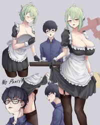 1boy 1girls big_breasts black_hair blue_eyes blush boob_window braid breasts cleavage closed_eyes closed_mouth collared_shirt de_lacey_(neural_cloud) english_text enin female garter_belt garter_straps girls'_frontline girls'_frontline_neural_cloud going_commando green_hair hair_ribbon large_breasts long_hair looking_at_viewer maid maid_uniform male mechanical_tail mole mole_under_mouth open_mouth professor_(neural_cloud) shirt skirt skirt_lift star-shaped_pupils stockings text