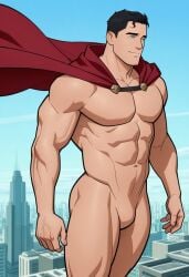 ai_generated blue_eyes cape city day featureless_chest featureless_crotch male midair muscles muscular muscular_male no_genitals no_nipples no_penis null red_cape short_hair sky superman