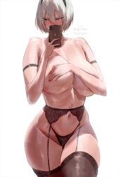 absurdres arm_strap artist_name black_garter_belt black_garter_straps black_hairband black_panties black_thighhighs blush breasts cellphone collarbone commentary covering_breasts covering_privates curvy female female_only garter_belt garter_straps groin hair_between_eyes hairband highleg highleg_panties highres holding holding_phone huge_breasts igiroitsu iphone lingerie medium_hair navel nier:_automata nier_(series) panties phone selfie shiny_skin simple_background smartphone solo stomach thighhighs thighs thong topless topless_female twitter_username underwear white_background white_eyes white_hair wide_hips yorha_2b