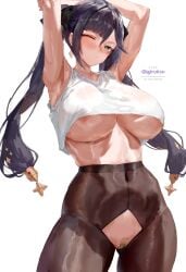 absurdres alternate_breast_size_(larger) alternate_costume areola_slip arm_up armpits artist_name bandaid bandaid_on_pussy black_pantyhose blush breasts closed_mouth commentary_request covered_navel crop_top crotchless crotchless_pantyhose female female_only genshin_impact green_eyes highres igiroitsu large_breasts long_hair looking_at_viewer mona_(genshin_impact) one_eye_closed pantyhose pussy shirt simple_background skindentation sleeveless sleeveless_shirt solo twintails underboob white_background white_shirt