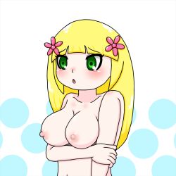 1girls beki_suke belle_(pop'n_music) blonde_hair breasts female female_only flower flower_in_hair green_eyes hair_ornament long_hair nipples nude nude_female open_mouth pattern_background pink_flower polka_dot_background pop'n_music solo upper_body white_background