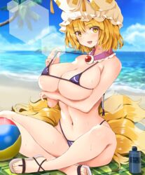 1girls :d adjusting_clothes adjusting_swimsuit animal_ears ball beach beachball bikini blonde_hair blush breasts crossed_legs eyebrows_visible_through_hair fox_ears fox_tail fujiko_(emnprmn) hair_between_eyes hat large_breasts lens_flare looking_at_viewer lotion micro_bikini multiple_tails navel ocean open_mouth palm_tree pillow_hat ran_yakumo sandals short_hair sideboob sitting smile solo sparkle sunscreen sweat swimsuit tail toenails touhou tree underboob yellow_eyes