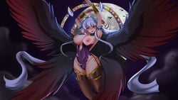 areolae big_breasts black_wings fully_clothed knightfanghentai long_hair red_eyes ripped_clothing stockings vampire venomoose(copyright) white_hair wings