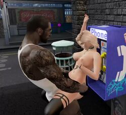 3d animated areola blonde_hair dark-skinned_male interracial large_breasts nipples no_sound pinned_to_wall rough_sex second_life skirt stockings tagme video