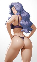 ai_generated ass back bare_arms bare_shoulders black_underwear blue_eyes blue_hair blush bra breasts closed_mouth clothing female female_only from_behind gradient_background hands_on_own_hips highleg highleg_panties karen_(pokemon) lace-trimmed_bra lace_trim large_breasts lingerie lips long_hair looking_at_viewer looking_back mature_female median_furrow panties pantsu parted_bangs pokemon purple_bra purple_hair purple_panties seductive_smile shiny_skin simple_background smile solo standing thighs thong underwear underwear_only wavy_hair white_background