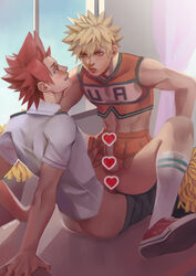 2boys anal anal_sex ass blonde_hair blush censored censored_penis cheerleader cheerleader_uniform crop_top crossdressing eijirou_kirishima erection facing_another femboy gay heart_censor hvmus katsuki_bakugou kneehighs looking_at_another male_only midriff my_hero_academia on_lap pants_down partially_clothed pom_poms public public_nudity public_sex red_eyes red_hair school school_uniform sitting_on_lap skirt_lift smirk spiky_hair spread_legs sticking_out_tongue toned toned_male tongue_out yaoi