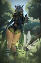 1girls 1other accessories animal_ears armored_hati_(zenless_zone_zero) ass bell black_horns black_unitard blue_hair blue_sky blurry blurry_background blurry_foreground book boots braid commentary_request ethereal_(zenless_zone_zero) female female_only forest from_behind goat_ears goat_girl goat_horns goat_tail grass green_boots highres holding holding_book holding_pen hood horns long_hair lucia_elowen medallion nature outdoors pen pointy_ears sky tail tree tsubakuro31 twin_braids writing zenless_zone_zero