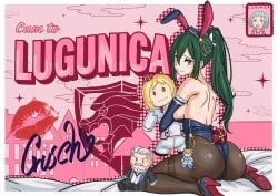 1girls amber_eyes big_ass big_breasts big_butt blue_sleeves breasts bunny_ears bunnysuit crusch_karsten exposed_back exposed_shoulders felix_argyle female fourier_lugunica green_hair heels holding_object invitation kiss kiss_mark lipstick lipstick_mark looking_at_viewer looking_back mail misspelling on_bed on_knees pantyhose plush plushie ponytail re:zero_kara_hajimeru_isekai_seikatsu see-through see-through_clothing sleeves tagme tight_clothing wacum wilhelm_van_astrea