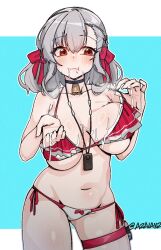 1girls bare_shoulders bell bikini black_choker blue_background blush bow bow_bikini breasts choker closed_mouth collarbone cowbell cum cum_in_mouth cum_on_body cum_on_breasts cum_on_hands female female_only frilled_bikini frills girls'_frontline girls'_frontline_2:_exilium grey_hair hair_between_eyes hairbow holding_strap huge_breasts light-skinned_female light_skin medium_hair navel neck_bell pouch red_bikini red_bow red_eyes sabrina_(girls'_frontline_2) side-tie_bikini_bottom solo solo_female spas-12_(girls'_frontline) stomach swimsuit thigh_pouch thigh_strap thighs tilt-shift_(azalanz) twitter_username two-tone_background white_background