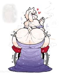 anthro ass ass_cleavage ass_focus bending_chair big_ass blush bodily_fluids boss_monster_(undertale) bovid caprine cellulite chain_jewelry cigarette_holder clothing digital_media_(artwork) dress eyeshadow eyewear female glasses goat heart_symbol hi_res huge_ass lips makeup mammal microsoft_paint_(artwork) milkscrew overweight overweight_female pink_eyeshadow purple_clothing purple_dress smoking solo sparkles sparkling_clothing steam sweat swiiiiitch toriel undertale_(series) wobbling