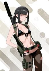 absurdres belt bikini black_bikini black_choker black_hair blush breasts choker collarbone cosplay crossover crossover_cosplay explosive female female_only female_torso gloves grenade grey_eyes gun halloween_costume highres holster metal_gear_(series) metal_gear_solid metal_gear_solid_v:_the_phantom_pain nintendo otokakoto pantyhose parted_lips pokemon pokemon_sm ponytail quiet_(metal_gear) quiet_(metal_gear)_(cosplay) rifle scope selene_(pokemon) short_ponytail sidelocks slim small_breasts sniper_rifle solo swimsuit thigh_holster torn_clothes torn_pantyhose weapon weapon_on_back