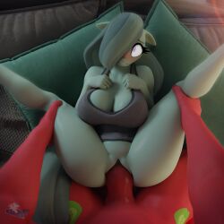 1boy 1girls 3d_(artwork) absurd_res anthro bed big_breasts big_macintosh_(mlp) blender_(artwork) blush blushing bottomless cleavage digital_media_(artwork) duo equid equine female friendship_is_magic furniture genitals hair_over_one_eye hasbro hi_res holding_legs hooves-art horse humanoid_genitalia humanoid_penis inexperienced male male_pov mammal marble_pie_(mlp) my_little_pony partial_male penis pony red_body topwear