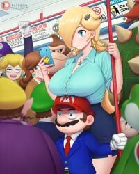 3girls 6+boys absurdres accidental_pervert alternate_costume anger_vein annoyed blonde_hair blue_eyes blue_shirt blue_skirt blue_suit bob-omb bowser breast_rest breasts breasts_on_head brown_hair collared_shirt commentary constricted_pupils contemporary crowded curvy dismaiden donkey_kong donkey_kong_(series) earrings english_commentary female formal_clothes green_yoshi hair_over_one_eye hat height_difference highres jewelry koopa large_breasts luigi luma male mario mario_(series) miniskirt multiple_boys multiple_females multiple_girls multiple_males nintendo office_lady one_eye_covered pencil_skirt princess_daisy princess_peach princess_rosalina red_hat salaryman shirt skirt suit super_mario_galaxy toad_(mario) train_interior waluigi wario yoshi