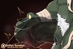2025 2:3 anthro balls bandage canid canine censored claws duo face_fucking felid fellatio finger_claws fur genitals green_body green_fur hair hand_on_head irrumatio male male/male mammal mosaic_censorship mummy_wrappings muscular muscular_anthro muscular_male oral pantherine patreon patreon_logo penile penis penis_in_mouth pubes sex sollyz text translucent translucent_body url wediz_(sollyz) white_hair wraps wrist_wraps yellow_claws