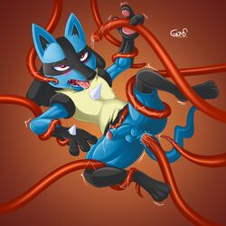 <3_eyes 1:1 ahe_gao ambiguous_fluids anal anal_sex anthro balls black_body black_fur blush bodily_fluids drooling erection foreskin fur genital_fluids genitals goms heart hi_res humanoid_genitalia humanoid_penis looking_pleasured lucario male nintendo penetration penis pokemon pokemon_(species) saliva tentacle tentacles_everywhere video_games