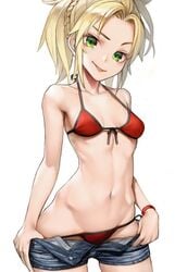 1girls bikini blonde_hair breasts denim fate/grand_order fate_(series) green_eyes highres mordred_(fate) mordred_(fate)_(all) mordred_(swimsuit_rider) nyatabe shorts small_breasts solo