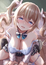 1boy 1girls :d absurdres barbara_(genshin_impact) bare_shoulders blonde_hair blue_bra blue_eyes blue_panties bow bowtie bra breasts classroom cleavage clothed_sex cowgirl_position female genshin_impact half-closed_eyes heavy_breathing highres large_breasts light-skinned_female light_skin looking_at_viewer lying male_pov naughty_face nohhun nun off_shoulder on_back open_mouth panties panties_around_one_leg pigtails plaid_skirt pleated_skirt pov pov_eye_contact school_skirt school_uniform sex sex_in_skirt short_twintails skirt skirt_lift smile spread_legs straight sweat tied_hair twintails underwear