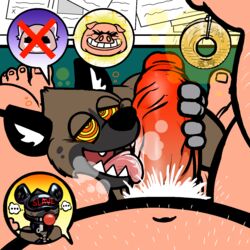 2020 aggressive_retsuko anothermeekone anthro anthro_on_anthro ball_gag belly bodily_fluids boss breathing collar desk director_ton domestic_pig domination duo employee english_text erection fellatio furniture gag genitals haida harness hi_res humanoid_genitalia humanoid_penis hyaenid hypnosis licking male male/male male_domination male_only mammal mind_control navel nude office oral pendulum penile penis penis_lick protagonistsub_antagonistdom pubes ringed_eyes saliva sanrio sex slave smile smooth_fur speech_bubble spotted_hyena submissive submissive_male suid suina sus_(pig) text thought_bubble tongue tongue_out ugly_man workplace