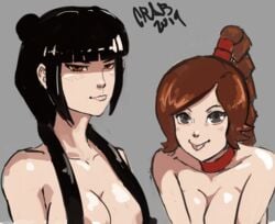 2girls :p avatar_the_last_airbender bare_shoulders big_breasts black_hair blunt_bangs blush braid breast_squish breasts brown_eyes brown_hair bust busty choker cleavage clever_censor crab_(artist) cute double_bun duo female female_focus female_only fire_nation friends front_view grey_background grey_eyes hair_covering_breasts large_breasts long_hair looking_at_viewer mai_(avatar) multiple_girls nickelodeon no_nipples nude nude_female nudity pinup pinup_pose playful pose posing smirk smooth_skin standing tagme tasteful_nudity tongue tongue_out twintails ty_lee yellow_eyes