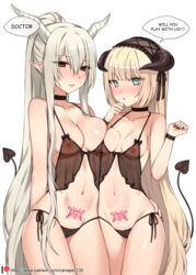 2girls areolae arknights bare_shoulders big_breasts blonde_hair blue_eyes blush breast_press breast_size_difference breasts brown_eyes canape_(canape0130) collarbone english_text hair_between_eyes hand_on_waist headwear highres horns horny long_hair looking_at_viewer medium_breasts multiple_girls nail_polish navel nightingale_(arknights) nipples nipples_visible_through_clothing panties partially_clothed pointy_ears pubic_tattoo pussy seductive see-through shining_(arknights) size_difference solo_female speech_bubble tail text very_long_hair white_hair