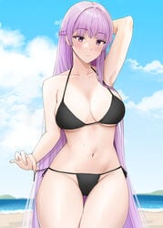 1girls absurdly_long_hair alternate_breast_size big_breasts bikini black_bikini blue_sky braid breasts cloud commentary_request cowboy_shot crown_braid dada_(dadada_20) day female fire_emblem fire_emblem:_the_binding_blade highres large_breasts long_hair nintendo outdoors purple_eyes purple_hair side-tie_bikini sky solo solo_female sophia_(fire_emblem) standing swimsuit teasing thigh_gap undressing very_long_hair