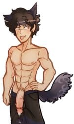 aphmau aphmau_(youtuber) big_pecs big_penis blush cum_leaking ein_(aphmau) gay muscular muscular_male pubic_hair sweat sweatdrop veiny_penis