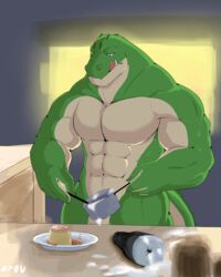 4:5 absurd_res alligator alligatorid anthro big_muscles bodily_fluids crocodilian cum dessert food genital_fluids hi_res inside male muscular muscular_anthro muscular_male nude pudding reptile scalie solo tongue tongue_out zfou