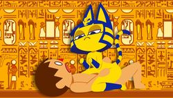 16:9_aspect_ratio animal_crossing animal_crossing_boy animal_ears ankha ankha_ride_(minus8) anthro blue_hair cat_tail cowgirl_position hieroglyphics legband looking_down lying makeup minus8 nintendo nude nude_female nude_male sex straddling tagme tail vaginal villager_(animal_crossing) wristband yellow_skin zone