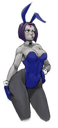 1girls bow bowtie breasts bunnysuit cleavage clothed dc dc_comics female gloves grey_skin medium_breasts pin-up pouting purple_eyes purple_hair rachel_roth raven_(dc) redblacktac short_hair sketch smooth_skin solo teen_titans white_background