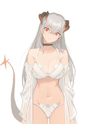 1girls arknights bangs bare_shoulders big_breasts bra breasts choker hair_between_eyes head_tilt highres horns jason_kim jewelry long_hair looking_at_viewer navel orange_eyes panties saria_(arknights) see-through_clothing shirt shirt_pull solo_female staring tail thick_thighs thighs underwear very_long_hair white_bra white_hair white_panties white_underwear