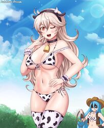 2021 2girls absurdres animal_ears animal_print azura_(fire_emblem) bare_midriff bell big_breasts bikini blue_hair bovine breasts chinese_zodiac cleavage corrin_(fire_emblem) corrin_(fire_emblem)_(female) cousins cow_ears cow_girl cow_horns cow_print cow_tail cowgirl farmgirl female female_only fire_emblem fire_emblem_fates fire_emblem_heroes highres horns long_hair looking_at_viewer multiple_girls navel new_year nintendo one_eye_closed patdarux print_bikini red_eyes revealing_clothes skimpy_clothes stockings swimsuit tail western whip white_hair year_of_the_ox yellow_eyes yuri