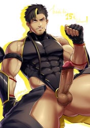 1boy ass_visible_through_thighs bar_censor bara bare_shoulders black_hair blonde_hair censored covered_abs covered_navel covered_nipples crotchless crotchless_pants erection facial_hair highres hip_vent looking_at_viewer male male_focus male_only milestone_celebration multicolored_hair muscular muscular_male ninja_(yzpyn) original pectorals penis scar scar_on_face shirt short_hair skin_tight solo spread_legs streaked_hair stubble taut_clothes taut_shirt testicles thick_thighs thighs veins veiny_penis yzpyn