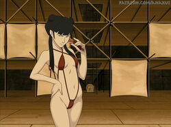anaxus avatar_the_last_airbender black_hair breasts dagger female female_focus female_only fire_nation hand_on_hip hourglass_figure looking_at_viewer mai_(avatar) nickelodeon outside sling_bikini small_breasts solo swimsuit yellow_eyes