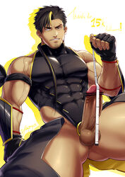 1boy ass_visible_through_thighs bar_censor bara bare_shoulders black_hair blonde_hair censored covered_abs covered_navel covered_nipples crotchless crotchless_pants erection facial_hair highres hip_vent looking_at_viewer male male_focus male_only measuring milestone_celebration multicolored_hair muscular muscular_male ninja_(yzpyn) original pectorals penis scar scar_on_face shirt short_hair skin_tight solo spread_legs streaked_hair stubble tape_measure taut_clothes taut_shirt testicles thick_thighs thighs veins veiny_penis yzpyn