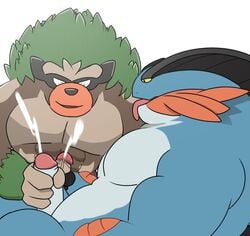 anthro cum cywolf49 duo genitals male male/male mammal mega_evolution mega_swampert mutual_masturbation nintendo penis pokémon_(species) pokemon rillaboom tongue_out video_games yaoi