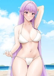 1girls absurdly_long_hair alternate_breast_size beach big_breasts bikini blue_sky braid breasts cloud commentary_request cowboy_shot crown_braid dada_(dadada_20) day female fire_emblem fire_emblem:_the_binding_blade highres large_breasts long_hair nintendo outdoors purple_eyes purple_hair side-tie_bikini sky solo solo_female sophia_(fire_emblem) standing swimsuit thigh_gap very_long_hair white_bikini