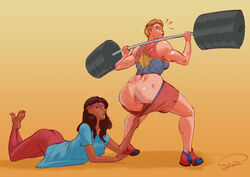 2girls anus ass back biting_lip blonde_hair captain_marvel carol_danvers clothing female footwear human kamala_khan lifting_weights lip_biting marvel ms._marvel multiple_girls muscular_female pussy pussy_juice short_hair shorts_down shorts_pull simple_background sportswear standing syrupsart undressing wet wet_pussy yuri