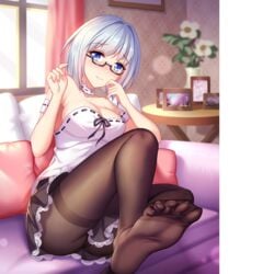 big_breasts blue_eyes feet girlgame hentai_girl_hime looking_at_viewer pantyhose skirt white_hair