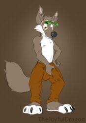 anthro bulge canid canine canis clothing coyote feet furry genital_outline hat headgear headwear hi_res male male_focus male_only mammal paws penis_outline solo thejoyfuldragon yotiecoyote